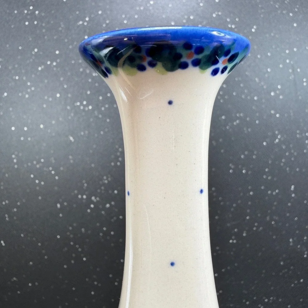 Boleslawiec Polish Pottery Bud Vase Monika J Signed Yellow Floral Blue 9.5in